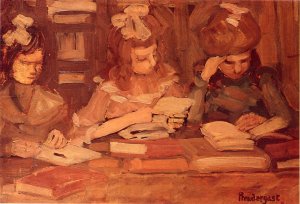 In the Library also known as Three School Girls by Oil Painting Reproduction