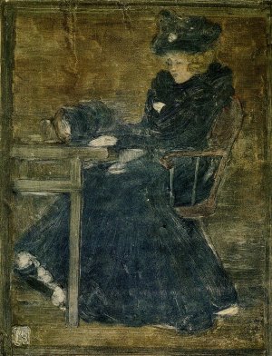 Seated Woman in Blue also known as At the Cafe by Oil Painting Reproduction