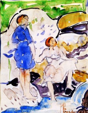 Two Girls by a Waterfall by Oil Painting Reproduction